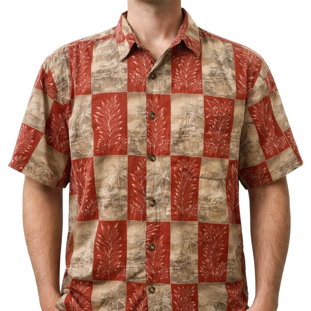 Cooke Street Hawaiian Aloha Shirt XL Beach Huts Palm Trees Floral Collage Orange